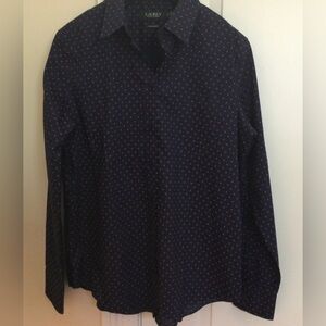 Lauren Ralph Lauren Cotton Navy w/Pink Dots Button Front Top Size L; Never Worn